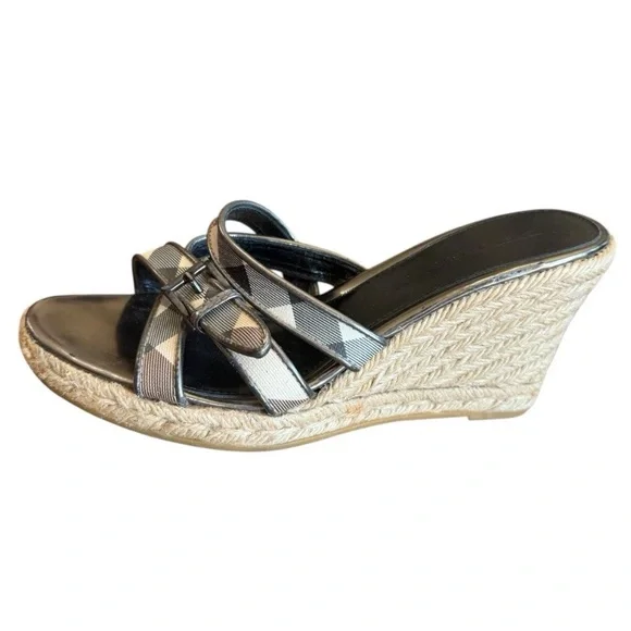 Burberry Nova Check Plaid Espadrille Wedge Sandal Heels Patent Leather 38/7.5-8 - Picture 6 of 12